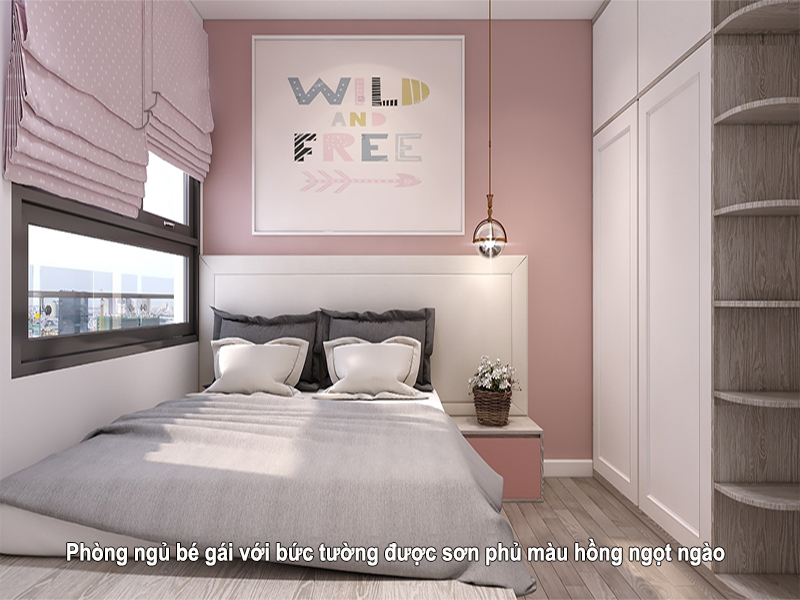 Phòng ngủ bé gái với bức tường được sơn phủ màu hồng ngọt ngào