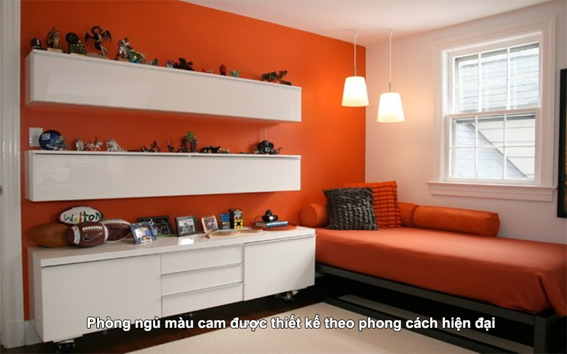 Phòng ngủ màu cam được thiết kế theo phong cách hiện đại