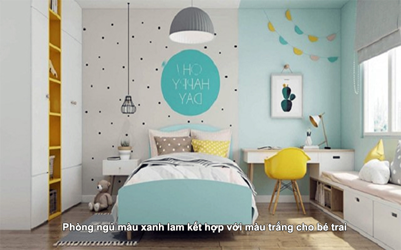 Phòng ngủ màu xanh lam kết hợp với màu trắng cho bé trai